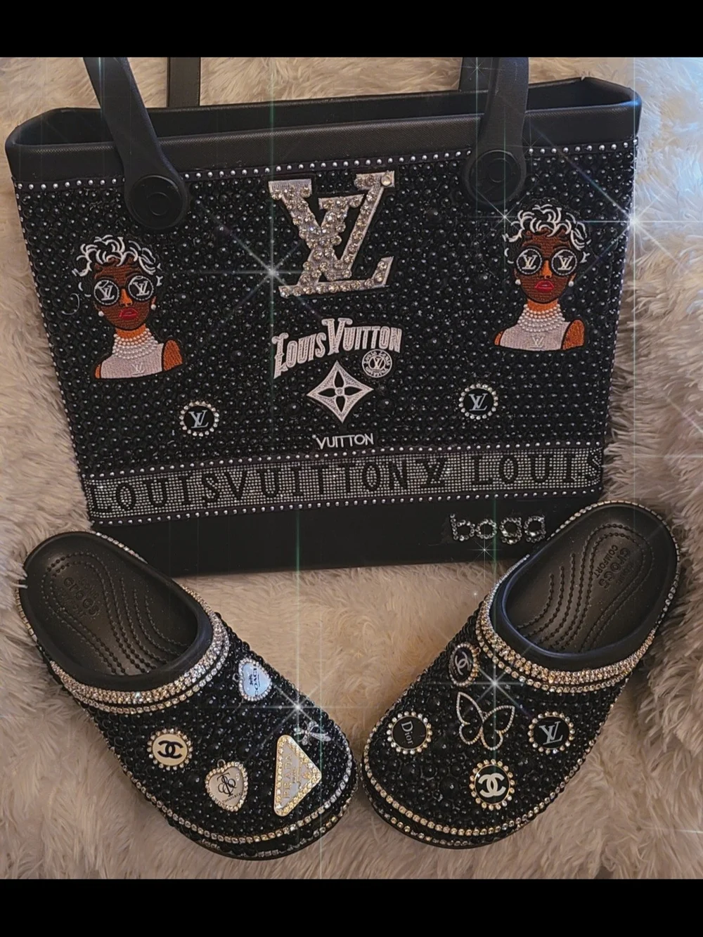 Embellished Black Tote with Matching Clogs